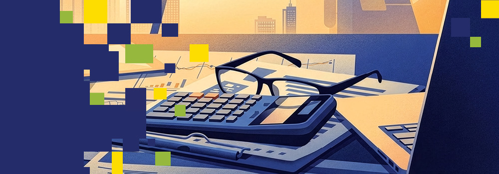 The banner is an illustration depicting a desk setup with a calculator, eyeglasses, keyboard, and papers, emphasizing a work or study environment. Yellow, green, and blue pixelated squares float around, adding a digital or abstract effect.