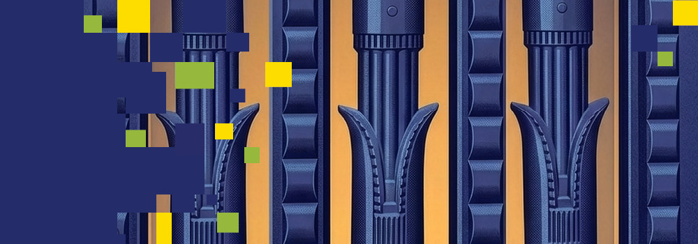 The banner includes a digital abstract graphic featuring a close-up image of the detailed geometric pattern of a door, set against an orange background. Yellow, green, and blue pixelated squares float around, adding a digital or abstract effect.