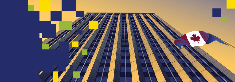 L’image de bannière représente un immeuble de bureaux. Un drapeau canadien flotte à droite. Des carrés pixélisés jaunes, verts et bleus flottent tout autour, créant un effet numérique ou abstrait.