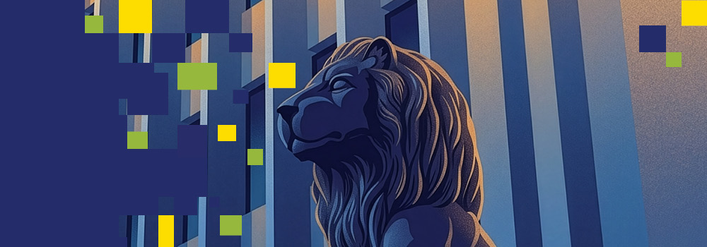 L’image de la bannière représente une illustration montrant une statue de lion devant un bâtiment. Des carrés pixélisés jaunes, verts et bleus flottent tout autour, créant un effet numérique ou abstrait.