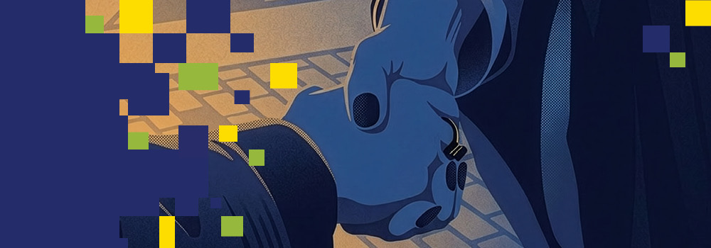Cette bannière est une illustration représentant un gros plan de deux mains qui se serrent. Des carrés pixélisés jaunes, verts et bleus flottent tout autour, créant un effet numérique ou abstrait.